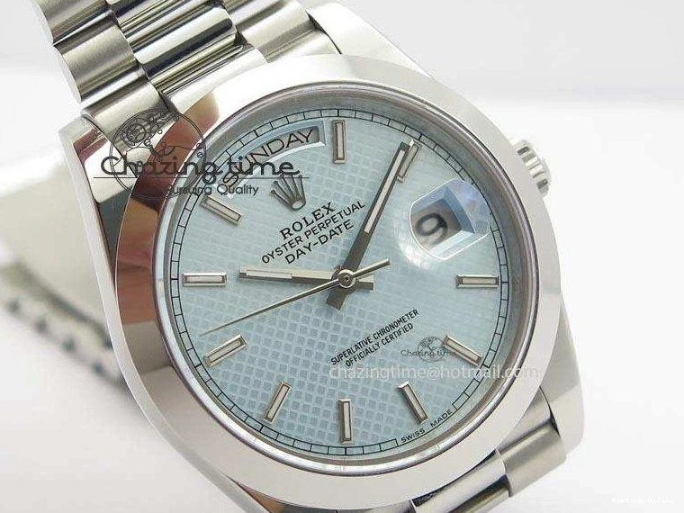 0112 DayDate 40mm BP-Maker 228206 SS Ice Blue Stick Dial (Smooth Bezel) On SS Bracelet ETA FreshLook 3913